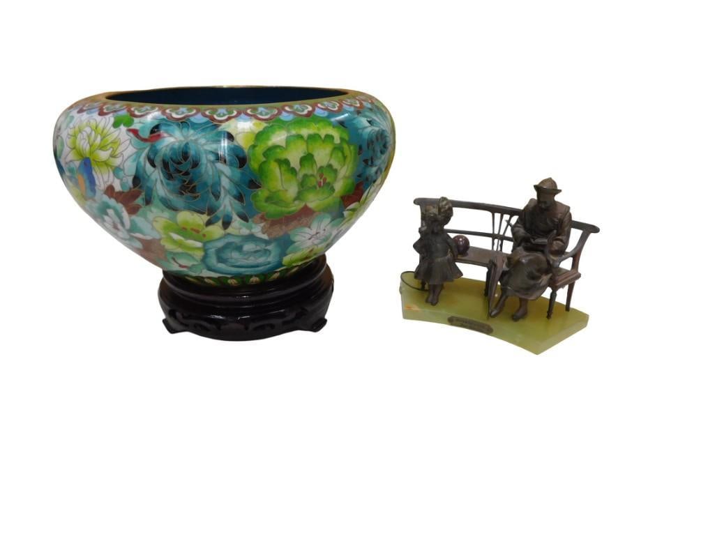 Chinese Cloisonne Bowl and George Maxim Woman and Child on Bench: Chinese Cloisonne Bowl and George Maxim Woman and Child on Bench All pictures are considered part of the description and should be examined carefully by bidders. Live Auctioneers is now offering Live