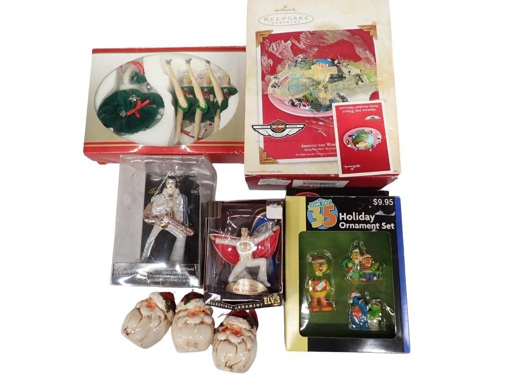Christmas Ornaments incl Harley Davidson, Elvis Presley, Sesame Street, etc: Christmas Ornaments incl Harley Davidson, Elvis Presley, Sesame Street, etc in Original Packages All pictures are considered part of the description and should be examined carefully by bidders. Live