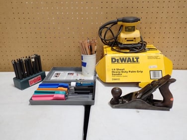 Tool Lot including Metal Punch Set, Dewalt Sander (works), Vintage Wood Plane, Carpenter Pencils,