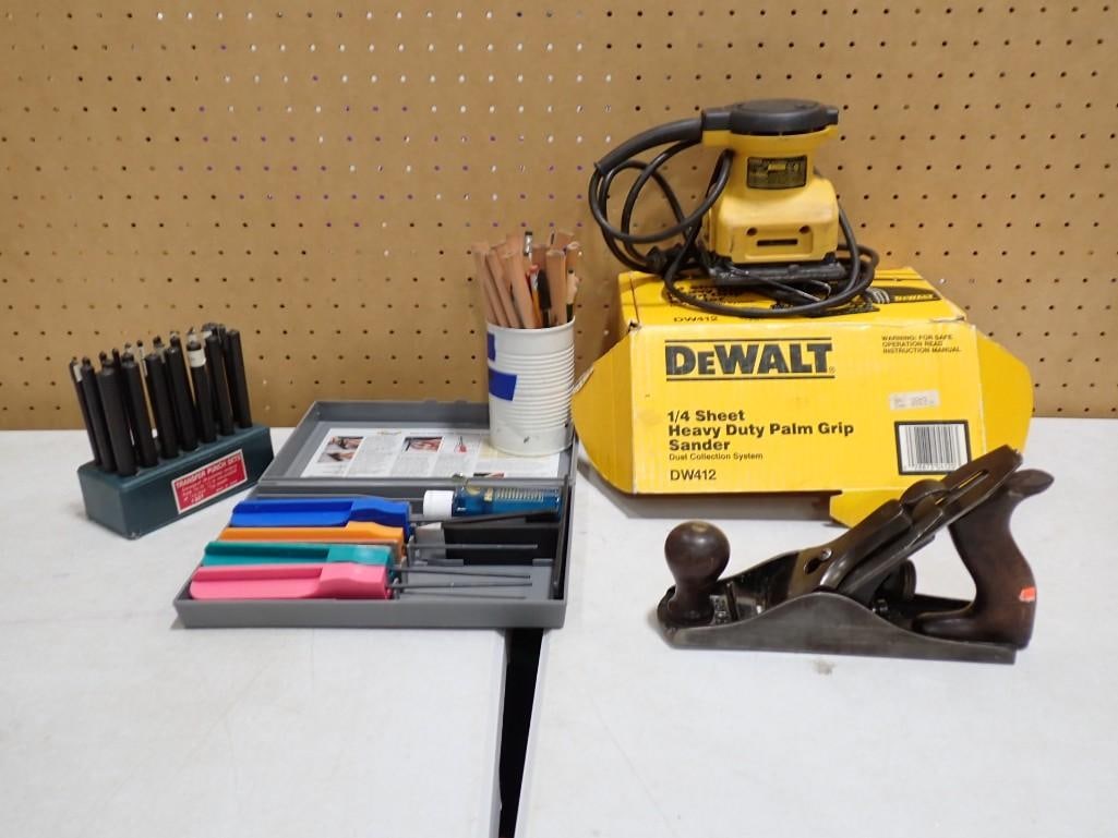 Tool Lot including Metal Punch Set, Dewalt Sander (works), Vintage Wood Plane, Carpenter Pencils, (1 of 7)