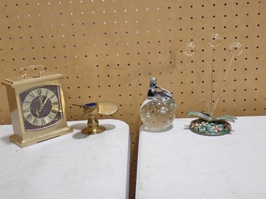 Misc. Lot including Brass Mantel Clock, Propeller Candle Holder, Pewter and Glass Fairy Paperweight