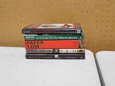 5 Autographed Sports Books including George Foreman, Lou Holtz, George Plimpton, Red Dawson, Minnie