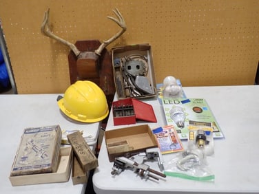 Misc. Lot including Tools, Decorative Mount, Lights, Clamps, Drill bit sharpener, etc
