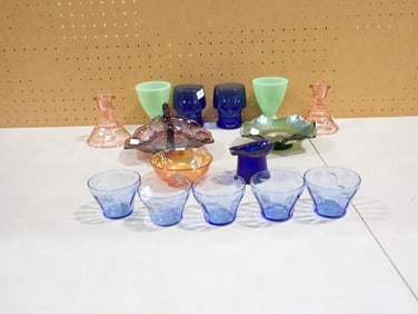Assorted Color Glass Lot including Carnival, Cobalt, Depression, Pink, Jadeite, etc.