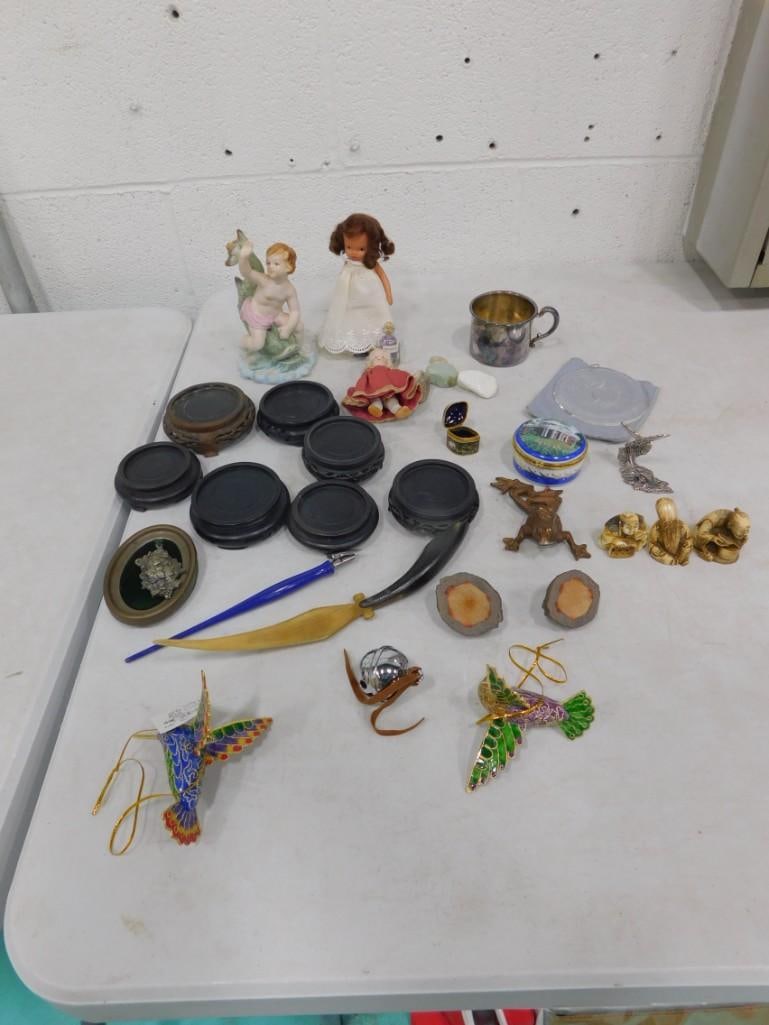 Misc. Smalls Lot including Antique Bone Letter Opener, Trinket Box, Hummingbird Ornaments, Dolls,: Misc. Smalls Lot including Antique Bone Letter Opener, Trinket Box, Hummingbird Ornaments, Dolls, Figurines, Stands, Silver plate, etc All pictures are considered part of the description and should be