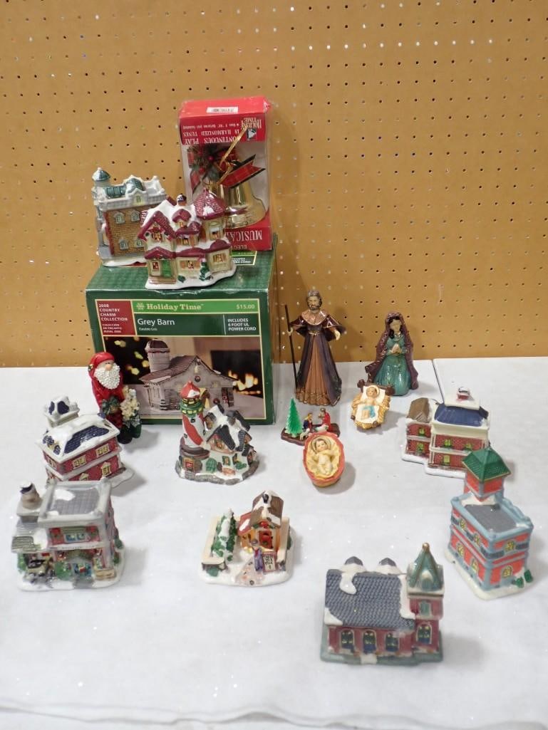 Assorted Christmas Decor including Holiday Time Porcelain, Nativity Figures, Cobblestone Corners (1 of 8)