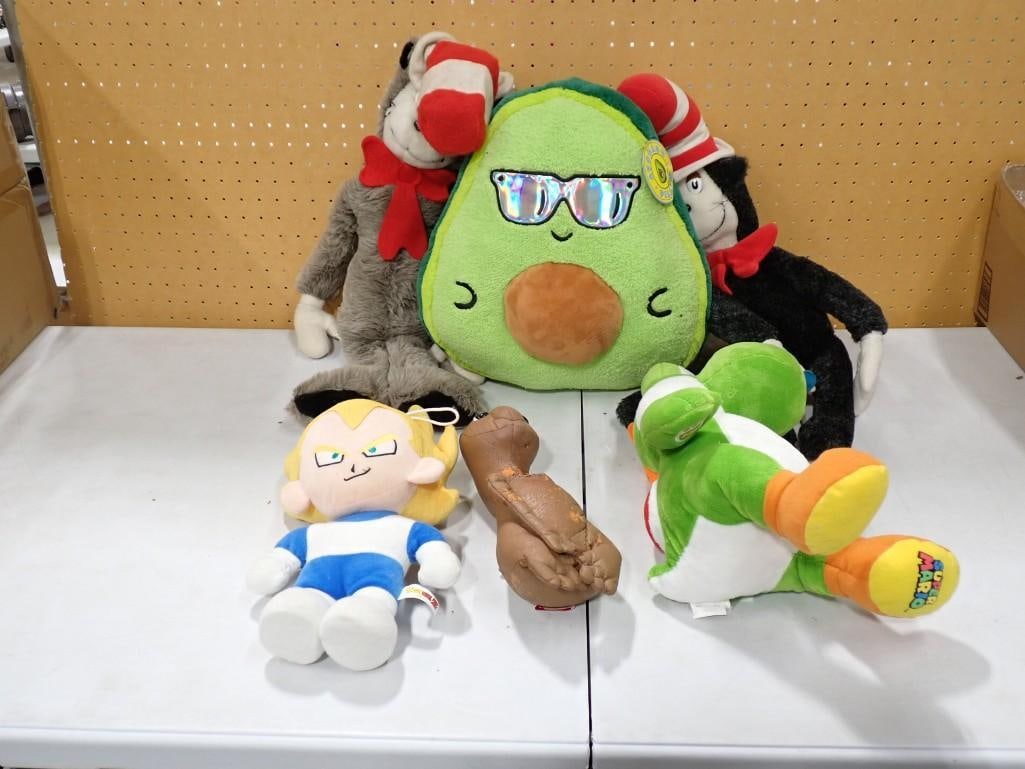 Plush Lot including Cat in the Hat, Yoshi, Avocado Pillow, Dragonball Z, ET, Etc.: Plush Lot including Cat in the Hat, Yoshi, Avocado Pillow, Dragonball Z, ET, Etc. All pictures are considered part of the description and should be examined carefully by bidders. Live Auctioneers is n