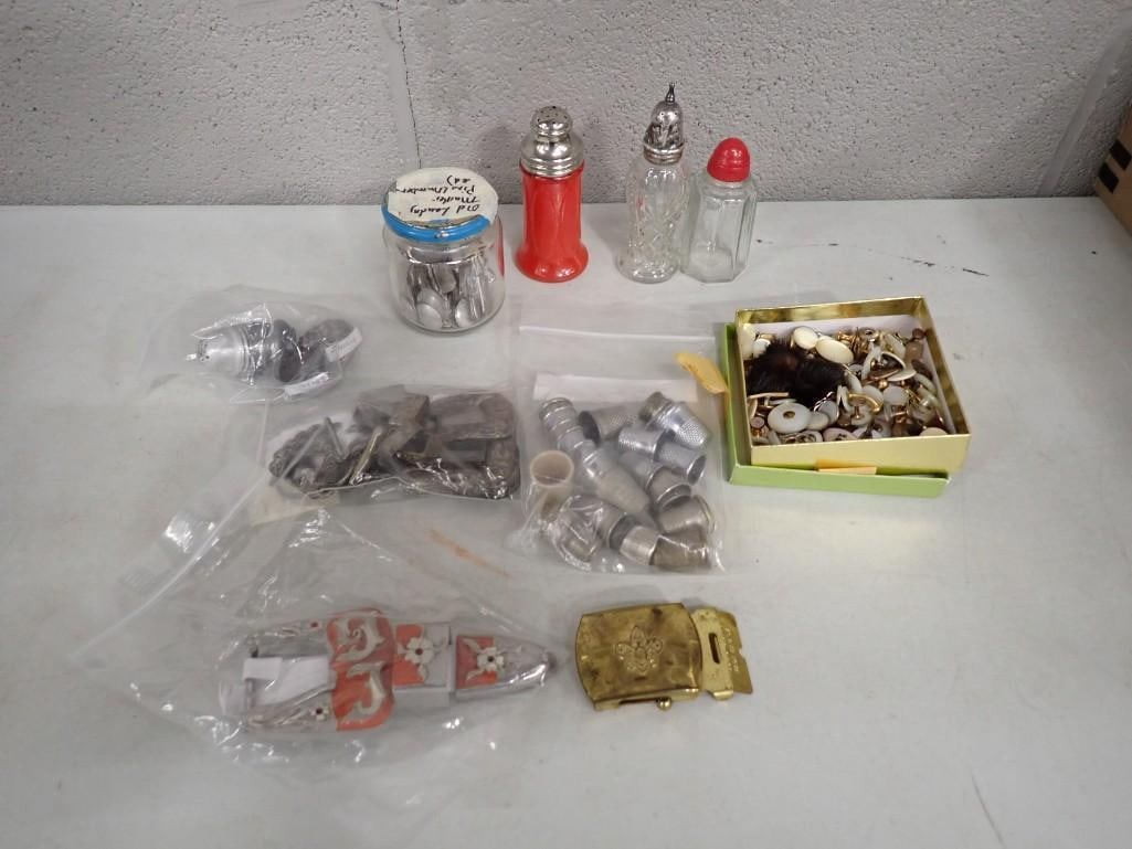 Vintage / Smalls Lot including Thimbles, Buckles, Silver Plate, Cufflinks, Sterling Saltshaker Tops (1 of 14)
