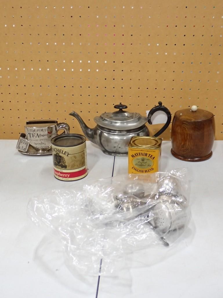 Tea Making Items including 1800's AS & GR Teapot, Circa 1940's Wooden Tea Canister with Ceramic,: Tea Making Items including 1800's AS & GR Teapot, Circa 1940's Wooden Tea Canister with Ceramic, Tea Tins, Lots of Tea Strainers, etc. All pictures are considered part of the description a
