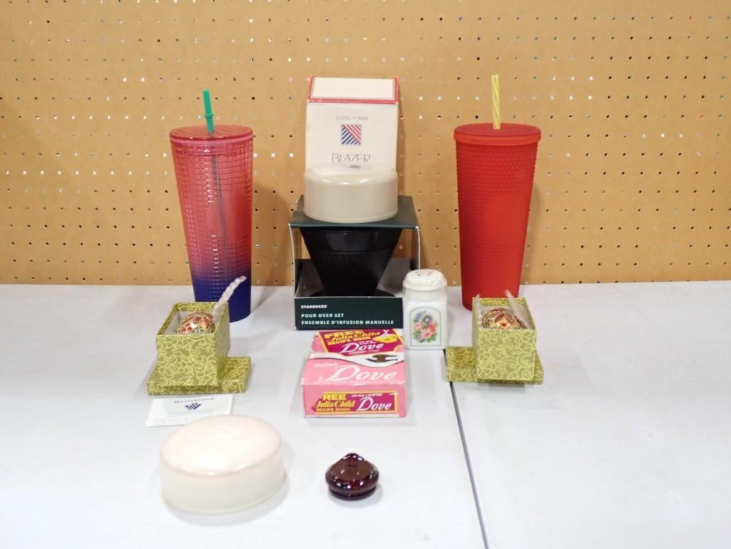 Misc. Lot including Starbucks Pour Over Set, Reusable Cups, Dusting Powder, Pink Dove, Cloisonne (1 of 7)
