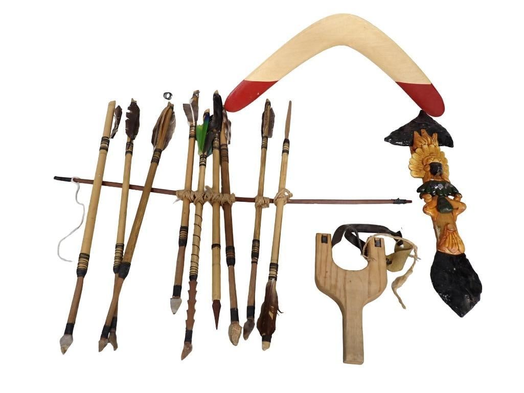Lot of Hand made Wooden Arrows, a Boomerang, Slingshot, etc. (1 of 6)