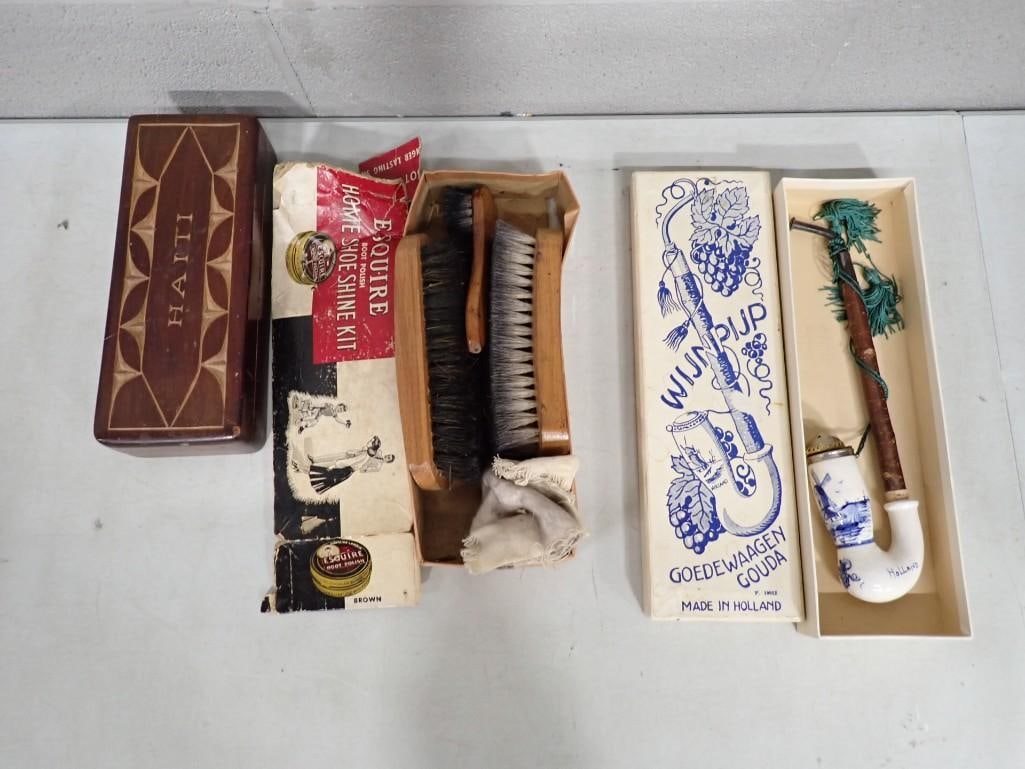 Misc. Lot including Delft Holland Pipe, Shoeshine kit, Haiti Carved Wood Trinket box (1 of 6)