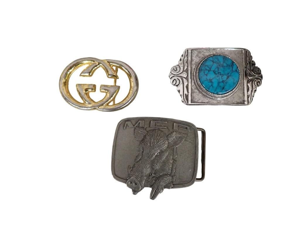 Lot of Belt Buckles including Vintage Pewter Male Chauvinist Pig, Gold Color with Gucci Logo, Wester: Lot of Belt Buckles including Vintage Pewter Male Chauvinist Pig, Gold Color with Gucci Logo, Western Style with Turquoise All pictures are considered part of the description and should be examined ca