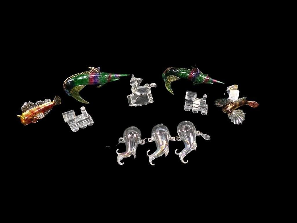 Glass Christmas Ornaments including Swordfish, Trains, Rocking Horse, Fish, etc: Glass Christmas Ornaments including Swordfish, Trains, Rocking Horse, Fish, etc All pictures are considered part of the description and should be examined carefully by bidders. Live Auctioneers is now