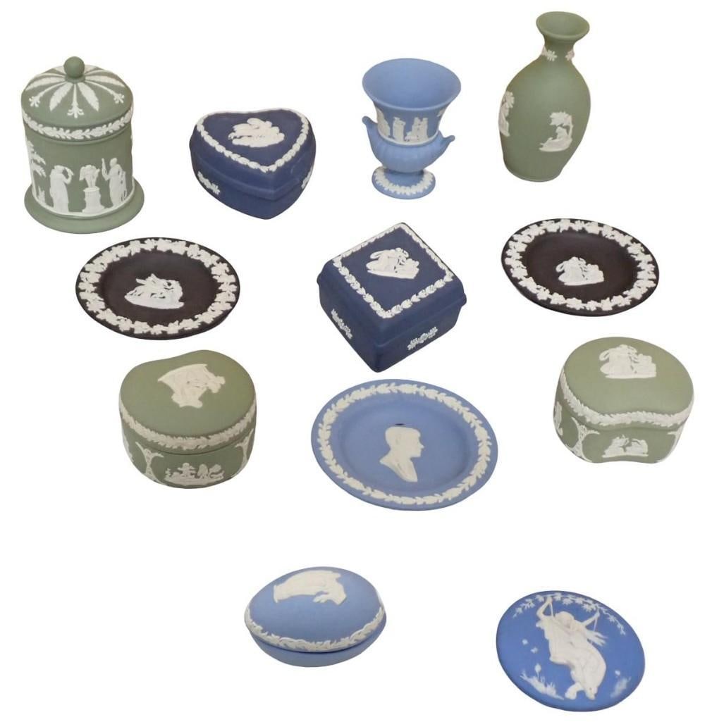 Large Lot of assorted Wedgwood Jasperware Dishes, Trinket Boxes, etc. In different colors (1 of 8)