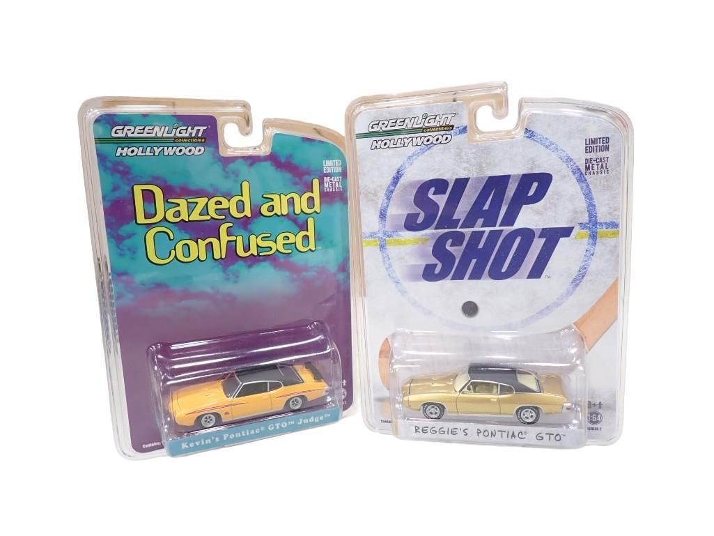 2 Greenlight Hollywood Die Cast Cars incl Dazed and Confused and Slap Shot New in Package 1:64 Scale: 2 Greenlight Hollywood Die Cast Cars incl Dazed and Confused Kevin's Pontiac GTO Judge and Slap Shot Reggie's Pontiac GTO New in Package 1:64 Scale