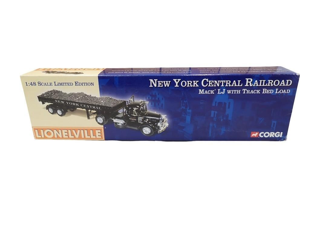 Corgi Lionelville 1:48 Scaled Limited Edition New York Central Railroad Mack LJ With Track Bed Load: Corgi Lionelville 1:48 Scaled Limited Edition New York Central Railroad Mack LJ With Track Bed Load US50708 in Original Box. Box has wear. All pictures are considered part of the description and