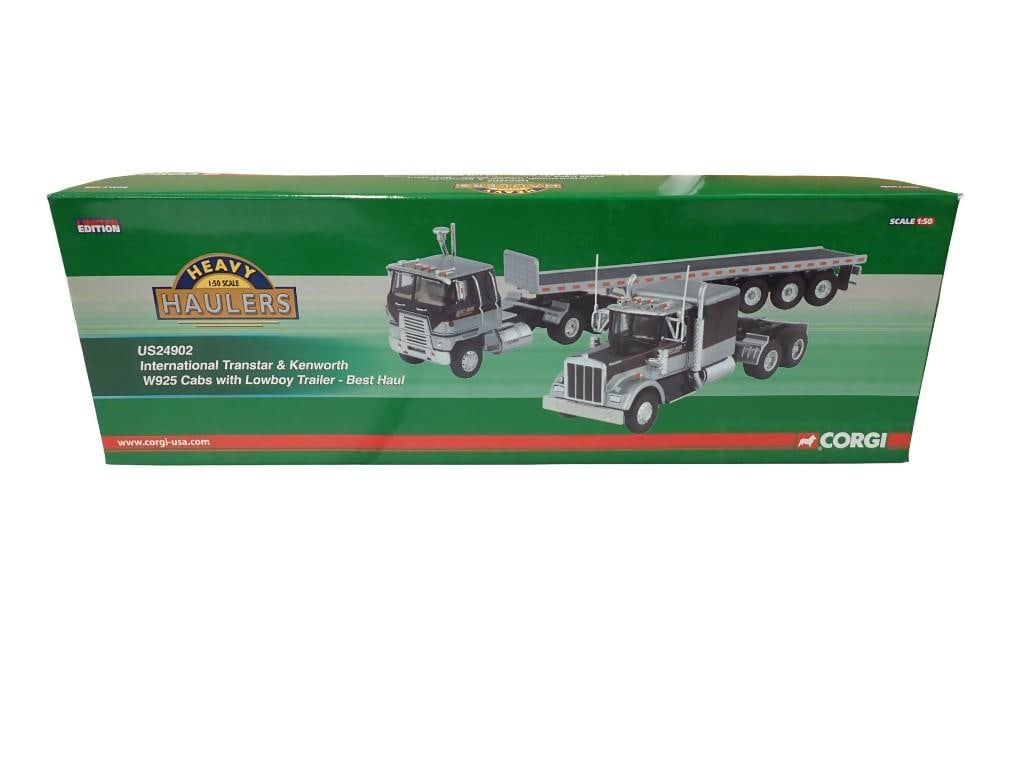 Corgi Heavy Haulers Limited Edition Set 1:50 Scale US24902 International Transtar & Kenworth W925 Ca: Corgi Heavy Haulers Limited Edition Set 1:50 Scale US24902 International Transtar & Kenworth W925 Cabs with Lowboy Trailer - Best Haul. In original box. Limited edition no 715 of 1100. 