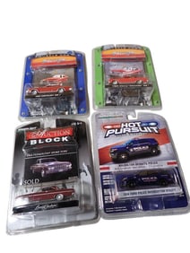 4 Greenlight 1:64 Scale Die Cast Model Cars incl Arlington Heights Police, 1964 Plymouth Sport Fury,