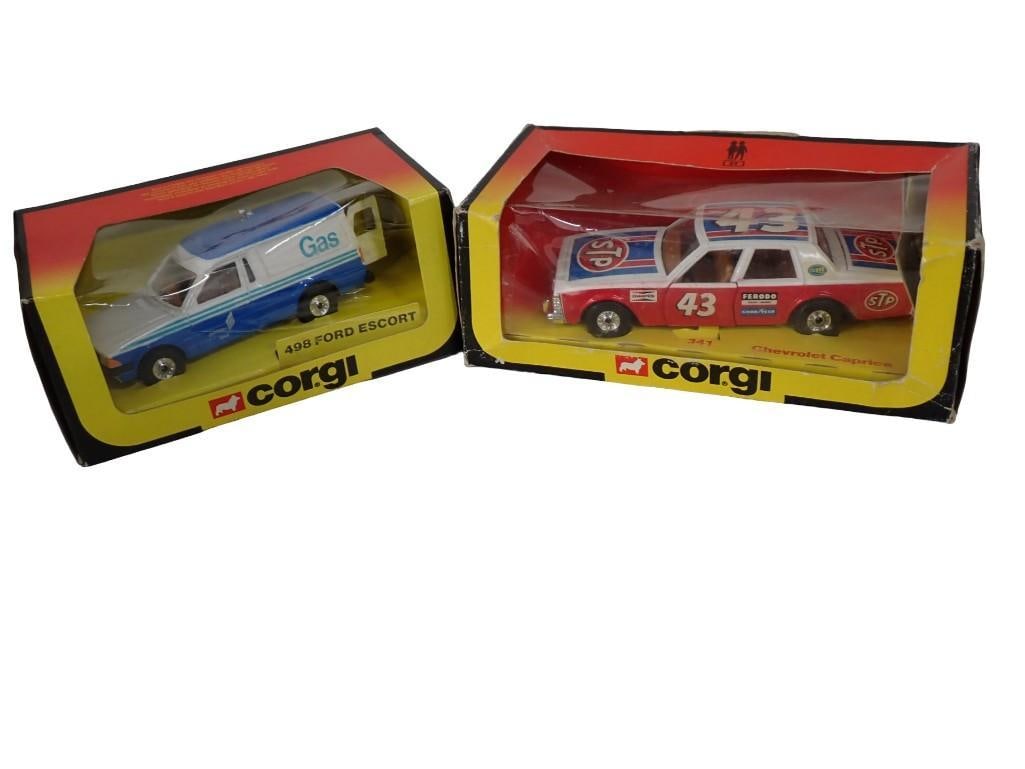 2 Vintage Corgi Die Cast Vehicles incl 498 Ford Escort Van and 341 Chevrolet Caprice STP Car: 2 Vintage Corgi Diecast Vehicles incl 498 Ford Escort Van and 341 Chevrolet Caprice STP Car. Both in original boxes. All pictures are considered part of the description and should be examined ca