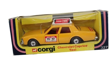 Vintage Corgi Chevrolet Caprice Taxi with TWA Airlines Ad on Top 327 Die Cast Model Car in Original