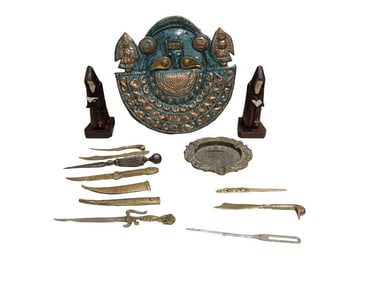 Collectibles Lot including Brass and Metal Ashtray, Letter Openers, Vintage, Peruvian Copper Wall Ha