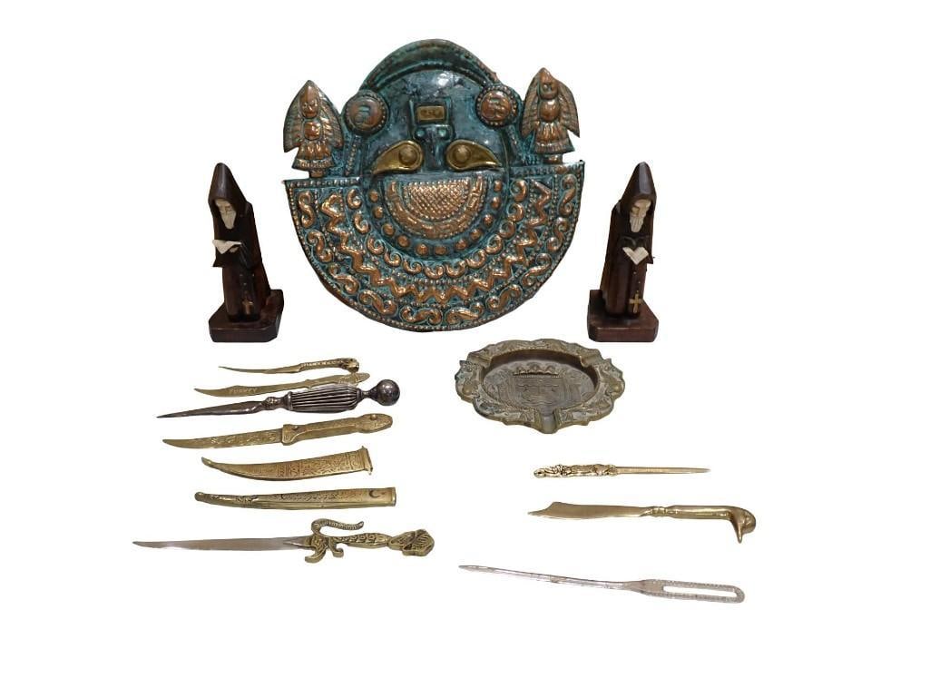 Collectibles Lot including Brass and Metal Ashtray, Letter Openers, Vintage, Peruvian Copper Wall Ha (1 of 8)