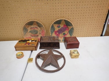 Misc Lot including Wooden Jewelry / Trinket Boxes, Rustic Metal Texas Star, Coil Baskets