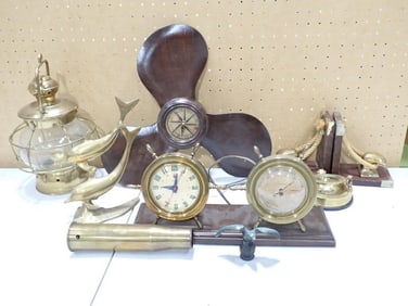 Vintage Nautical Lot including Decorative Propeller Clock, Brass, Bookends, Barometer, etc.