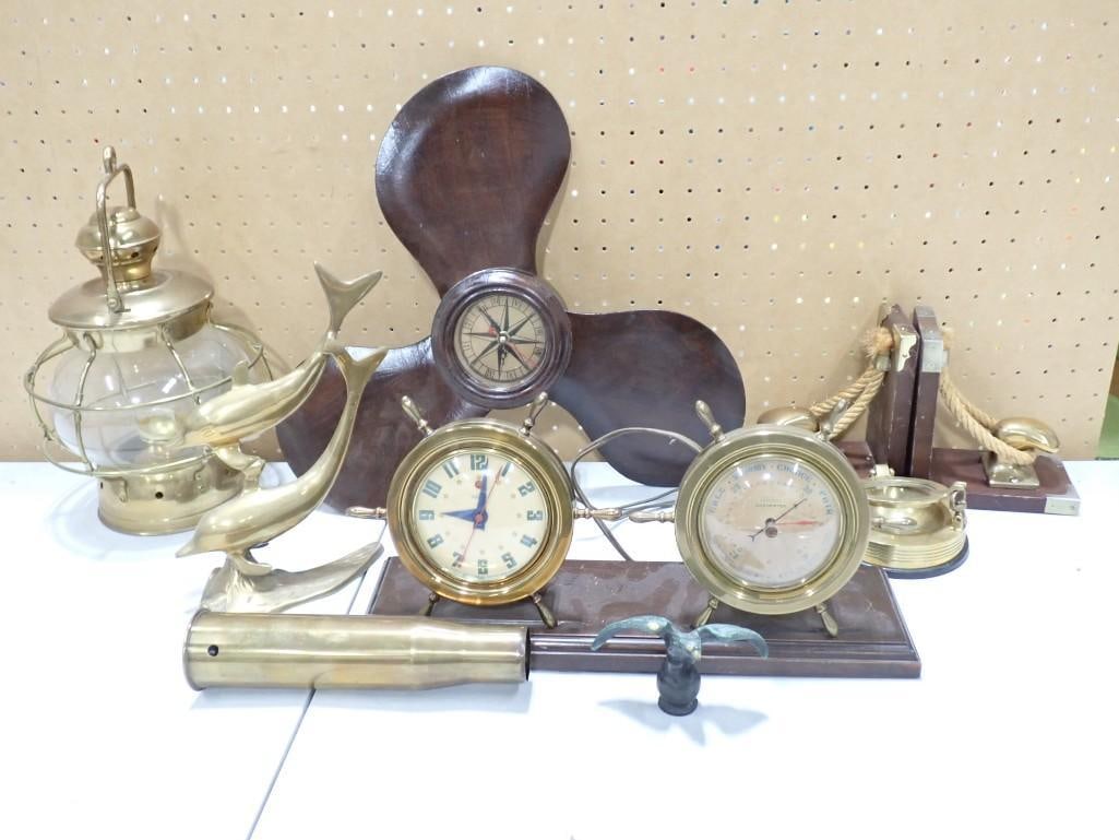 Vintage Nautical Lot including Decorative Propeller Clock, Brass, Bookends, Barometer, etc. (1 of 8)