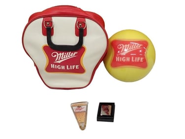 Miller High Life Lot including Bowling ball (undrilled) and Bag, Tapper and Lighter