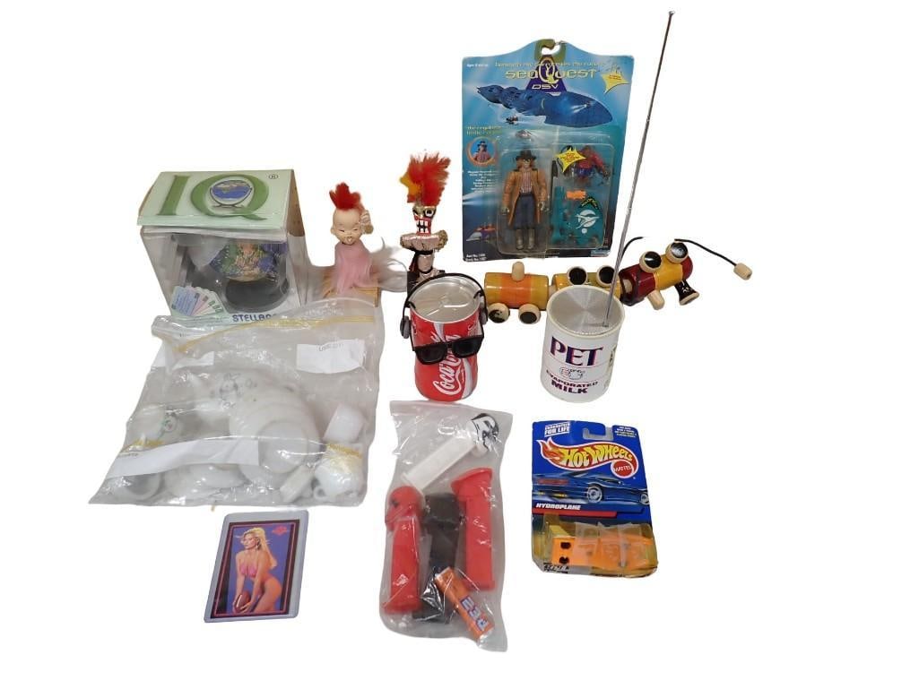 Lot of Toys incl Seaquest DSV Action Figure, Hot Wheels Hydroplane New in package, Doll Dishes, (1 of 10)