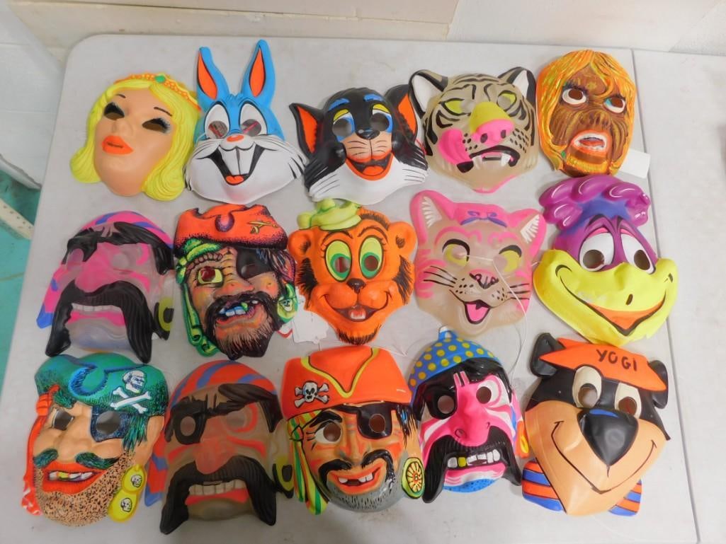 Vintage Vacuform Halloween Masks including Bugs Bunny, Yogi Bear, Pirates, etc.: Vintage Vacuform Halloween Masks including Bugs Bunny, Yogi Bear, Pirates, etc. All pictures are considered part of the description and should be examined carefully by bidders. Live Auctioneers is now