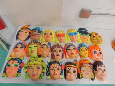 Vintage Vacuform Halloween Masks including Pirate, Native American, masquerade, Fortune Teller, etc