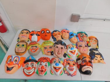 Vintage Vacuform Halloween Masks including Spiderman, Clowns, Pirate, Fortuneteller, etc.