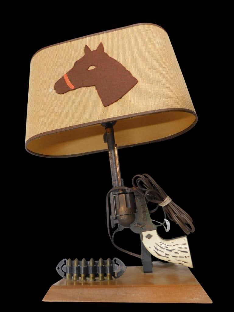 Vintage Western / Cowboy Style Maverick 45 Gun Lamp with felt horse design Lamp Shade: Vintage Western / Cowboy Style Maverick 45 Gun Lamp with felt horse design Lamp Shade All pictures are considered part of the description and should be examined carefully by bidders. Live Auctioneers 