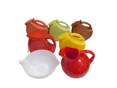 Lot of Assorted Color Pitchers including Burroughs Ball Style, plus Fire King Glass