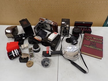 Vintage Camera and Accessories Lot including Kodak Brownie, Book, Flash, lenses, Binoculars,