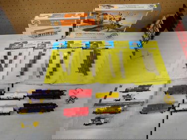 Model Train Accessories Lot including Bachmann Plasticville, ATI Tracks, Cars including Shell, Alask