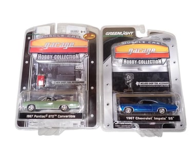 2 Greenlight Muscle Car Garage Hobby Collection Die Cast Model Cars incl 1967 Pontiac GTO Convertibl