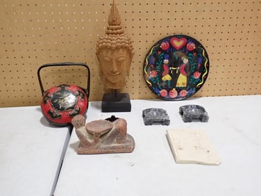 2 Carved Stone Ashtrays or Trinket Dishes, Buddha Head Sculpture or Statue, Hand Painted Tray,
