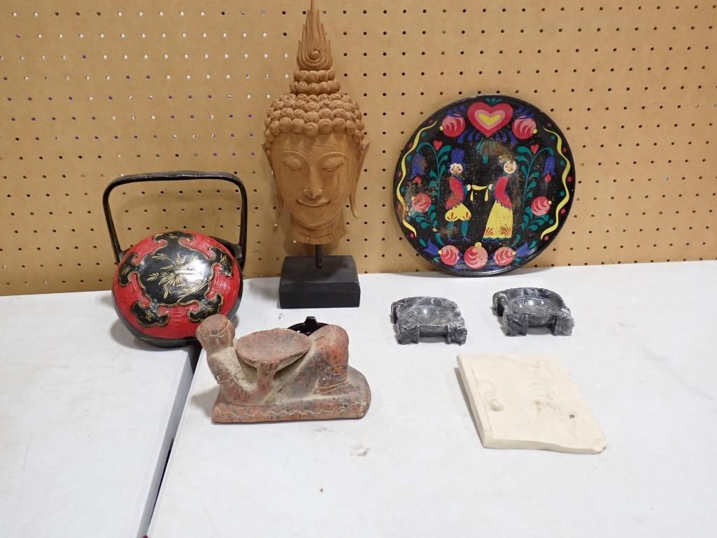 2 Carved Stone Ashtrays or Trinket Dishes, Buddha Head Sculpture or Statue, Hand Painted Tray, (1 of 4)