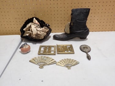 Collectibles Lot incl Antique Silver Plated Mirror, 1 Victorian Ladies Boot, Brass Wall Decor,