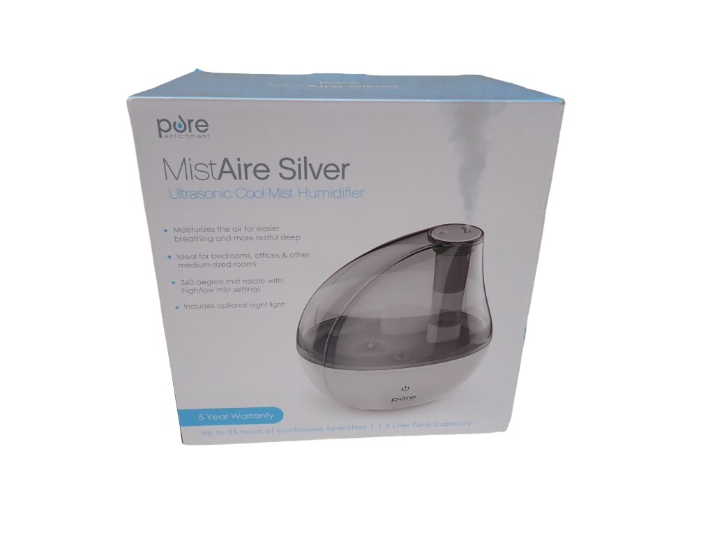 Pure MistAire Silver Ultrasonic Coll Mist Humidifier New in Box: Pure MistAire Silver Ultrasonic Coll Mist Humidifier New in Box All pictures are considered part of the description and should be examined carefully by bidders. Live Auctioneers is now offering Live S
