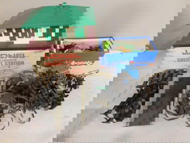 Model Train Accessories Lot including Lionel Illuminated Freight Station, Transformers, O Scale Trac