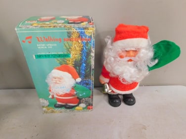 Vintage Battery Operated Walking Santa Claus with Music and Blinking Lights