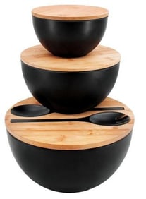 New in Box Bamboo Salad Bowl Set with cutting board lids and serving utensils in Black
