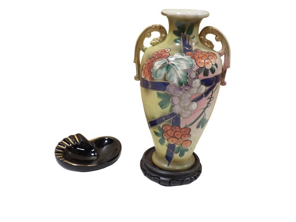 Large Vintage Vase with Floral Disign and Wood Stand and a MCM Ceramic Ashtray (1 of 6)