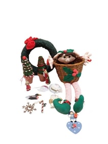Christmas Decorations incl Elf Basket, Ornaments, Mini Artificial Christmas Trees, Artificial Wreath