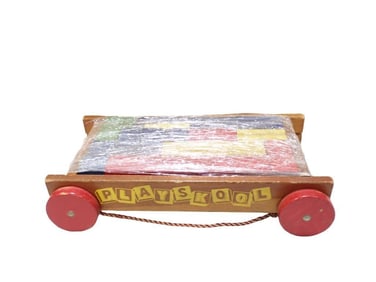 Vintage Playskool Wood Pull Toy Wagon with Blocks